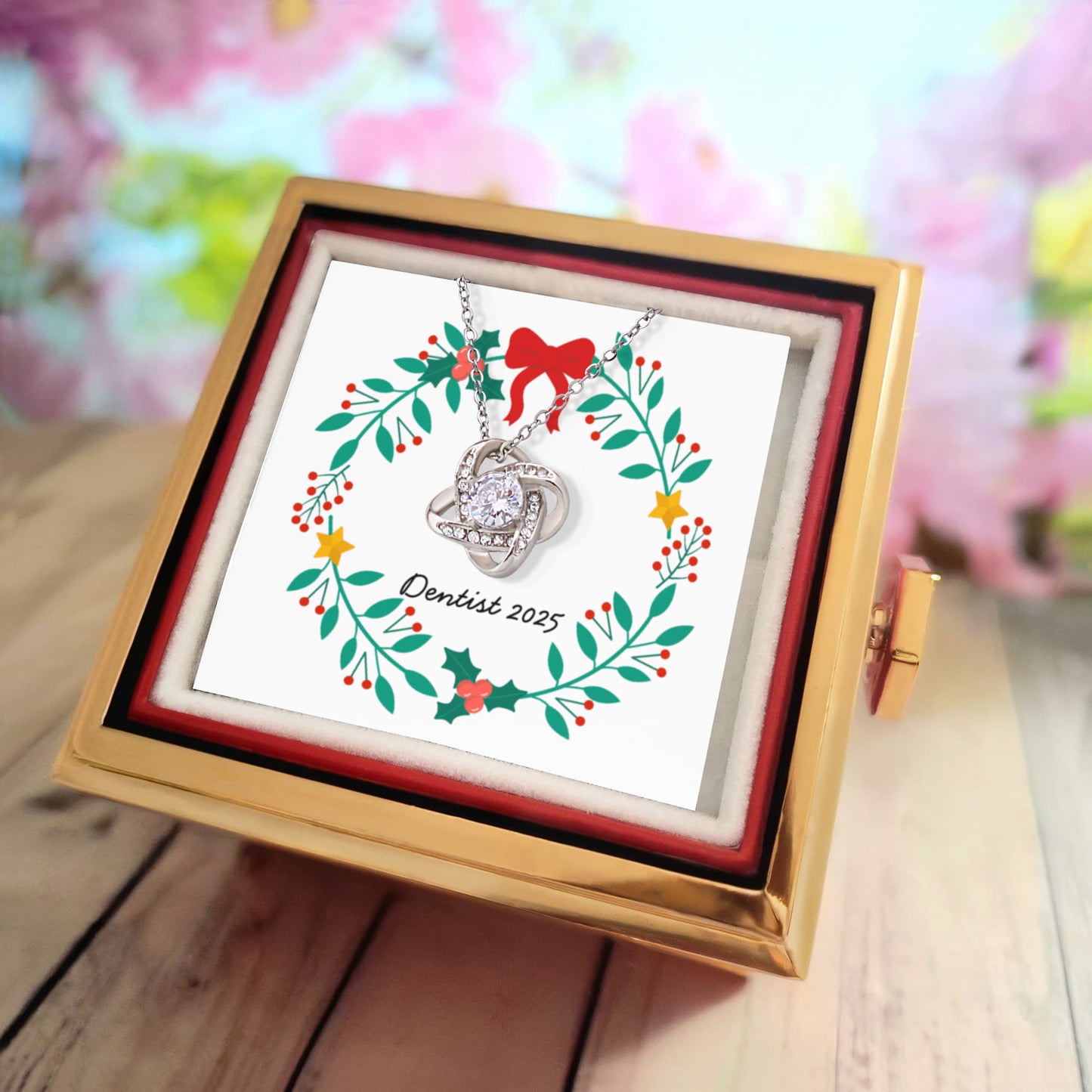 Love Knot Necklace for Dentist – Elegant Appreciation Gift in Red Rose Rotating Box
