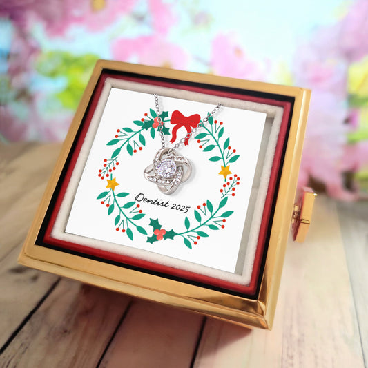 Love Knot Necklace for Dentist – Elegant Appreciation Gift in Red Rose Rotating Box