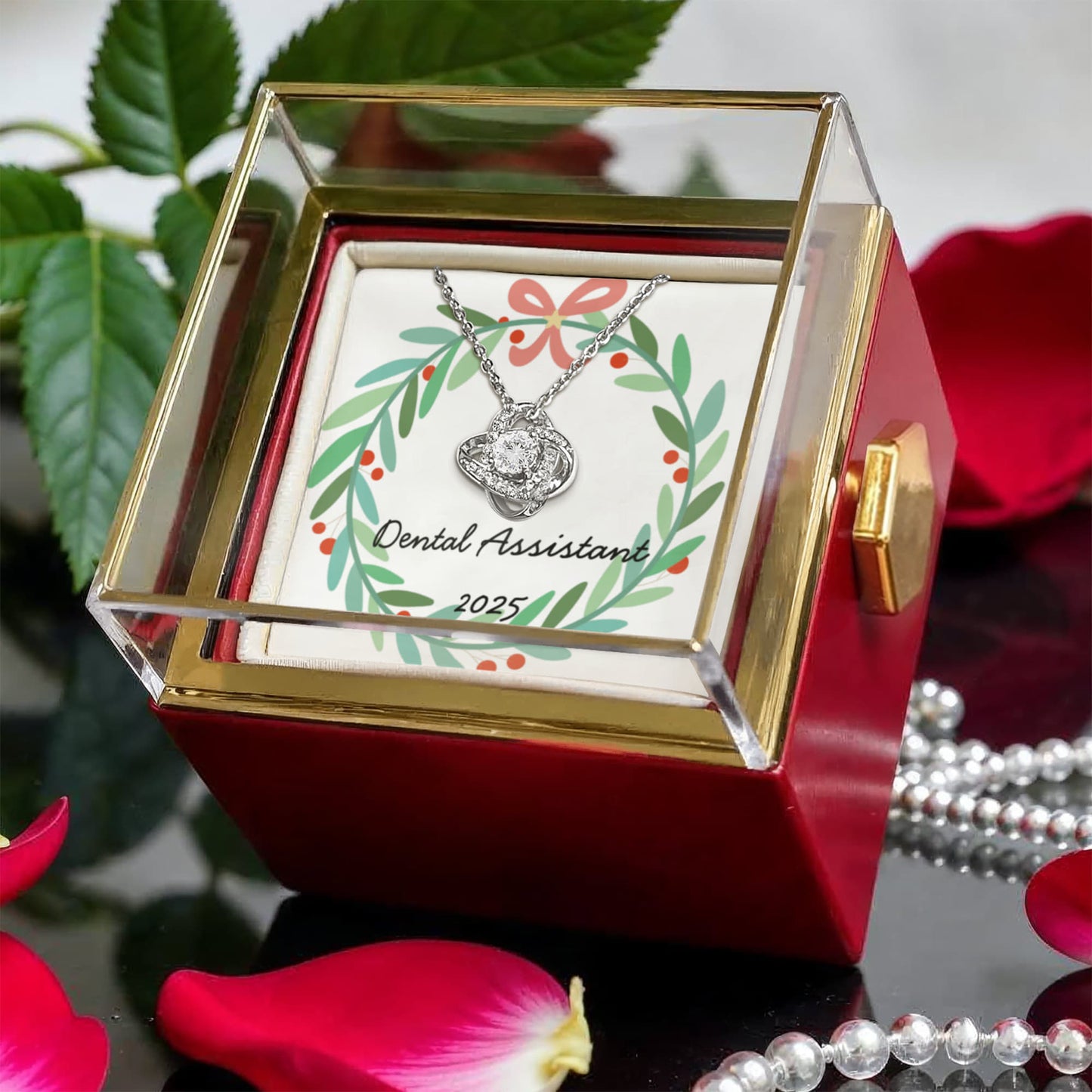 Love Knot Necklace for Dental Assistant – Elegant Gift in Red Rose Rotating Box