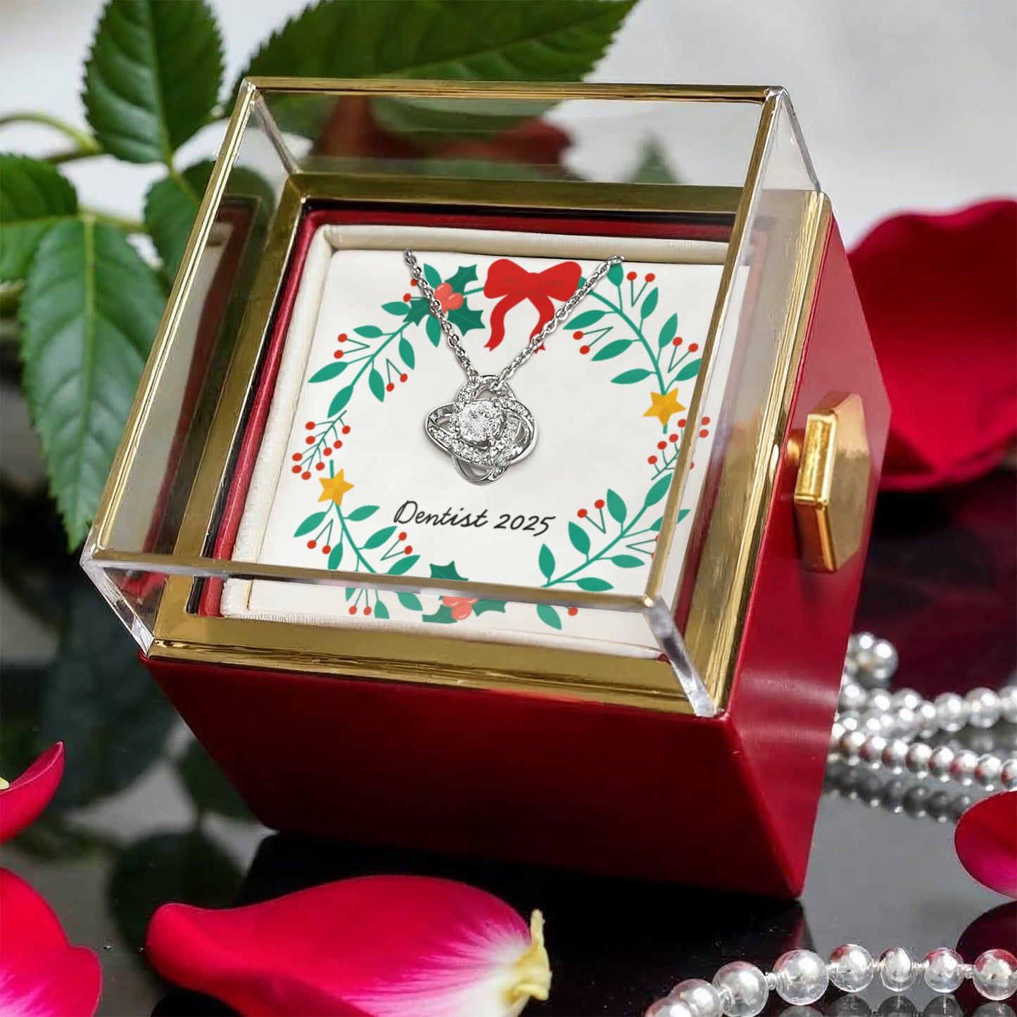 Love Knot Necklace for Dentist – Elegant Appreciation Gift in Red Rose Rotating Box